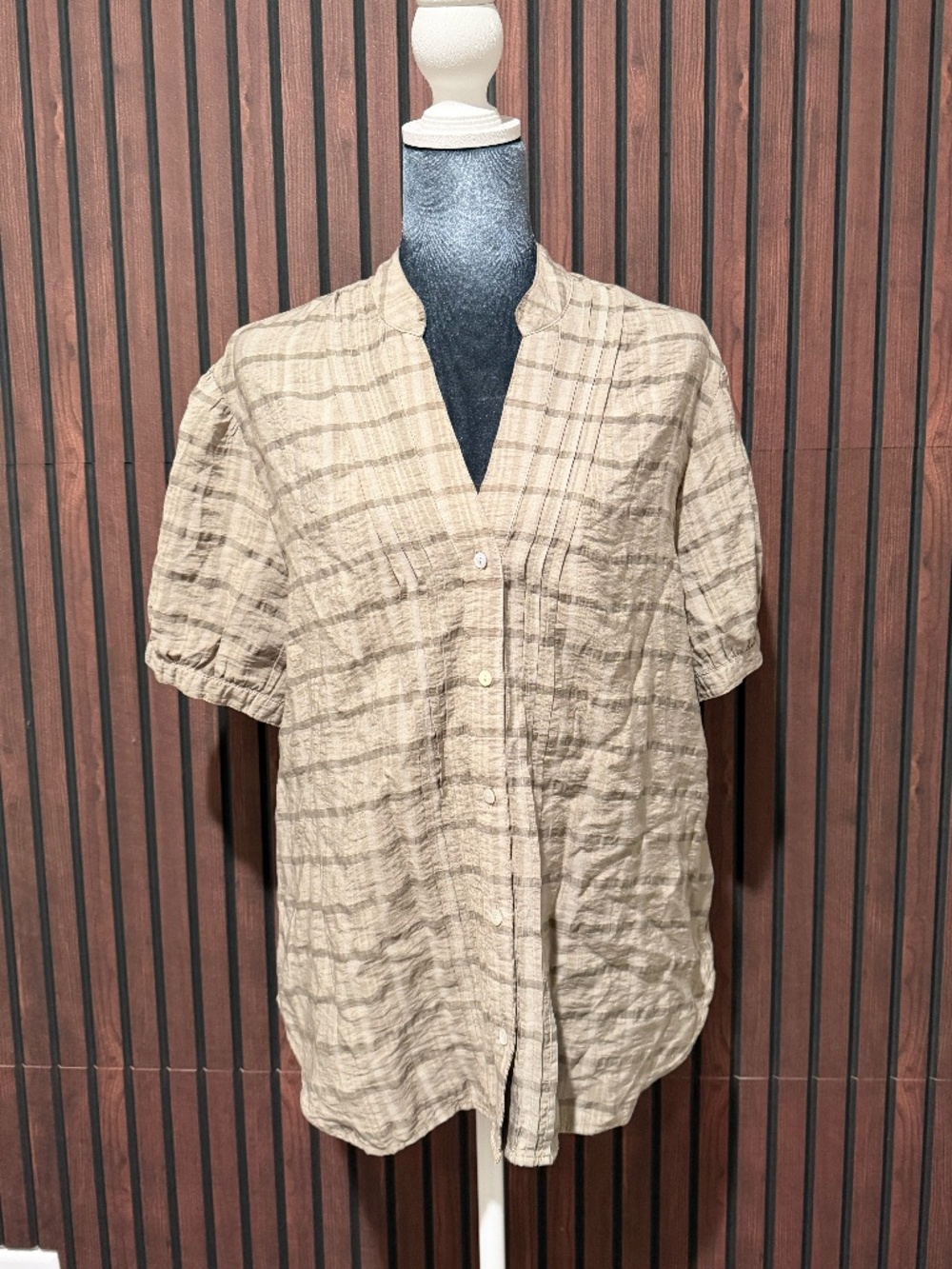 NWT Cloth & Stone Anthropologie Plaid Pintuck Button Front Blouse Large